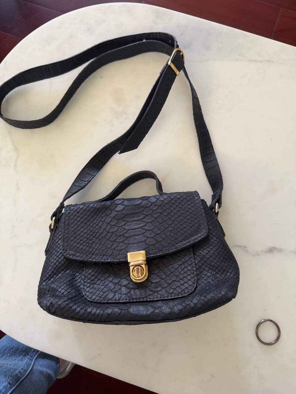 Black Snake Leather Crossbody Bag with Gold Hardware